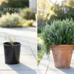 Side-by-side comparison of a small struggling rosemary twig transforming into a massive thriving rosemary bush in a terracotta pot.