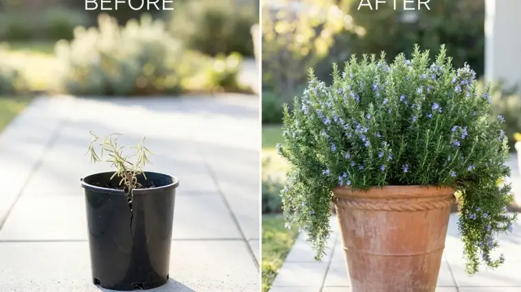 Side-by-side comparison of a small struggling rosemary twig transforming into a massive thriving rosemary bush in a terracotta pot.
