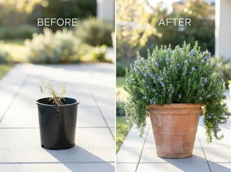 Side-by-side comparison of a small struggling rosemary twig transforming into a massive thriving rosemary bush in a terracotta pot.