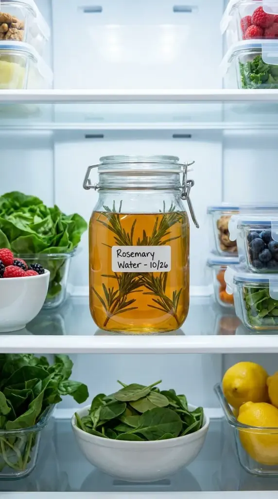 A glass jar of homemade rosemary hair water stored safely on a clean refrigerator shelf to extend its shelf life.