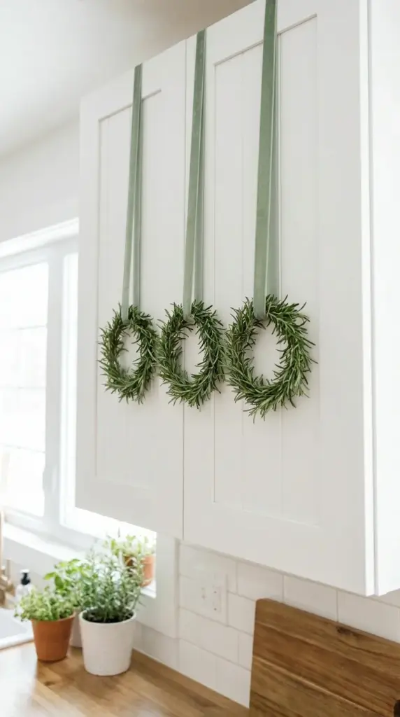 Mini rustic rosemary wreaths hanging from white kitchen cabinets with green velvet ribbons.