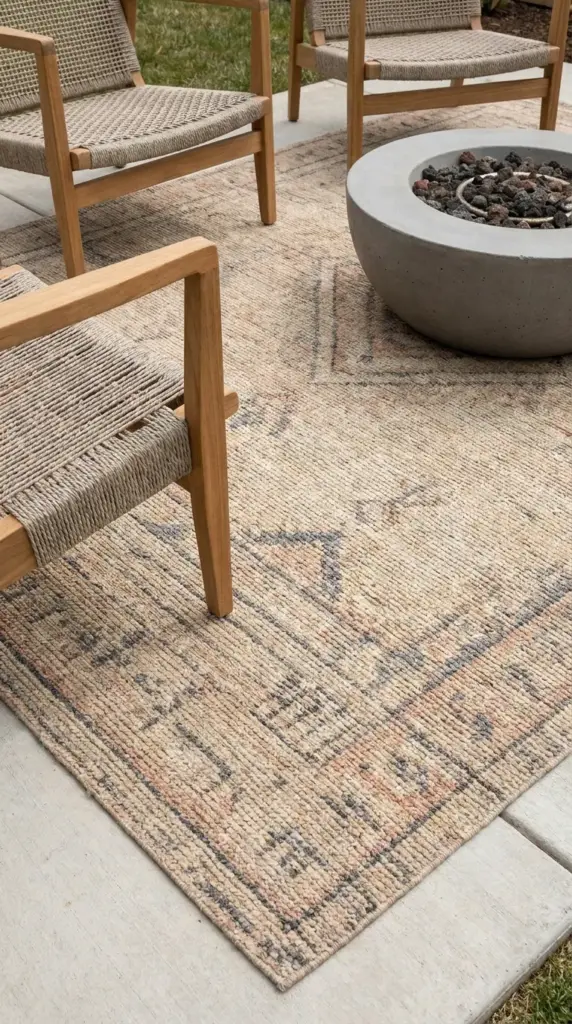 Oversized geometric outdoor rug covering a small concrete patio to create the illusion of a larger outdoor living area.