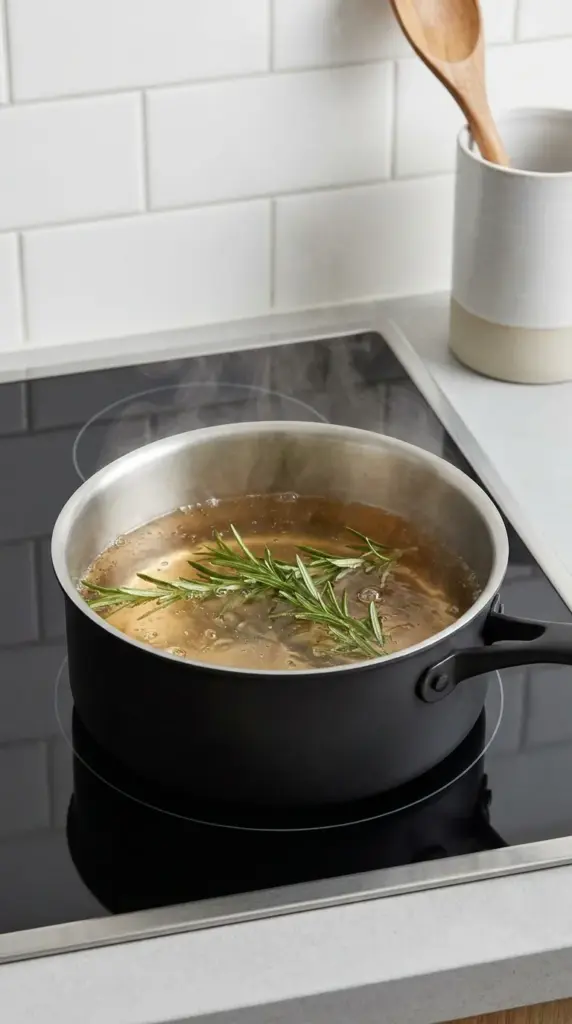 Fresh green rosemary leaves simmering in a pot of water on a modern kitchen stove for thermal extraction.