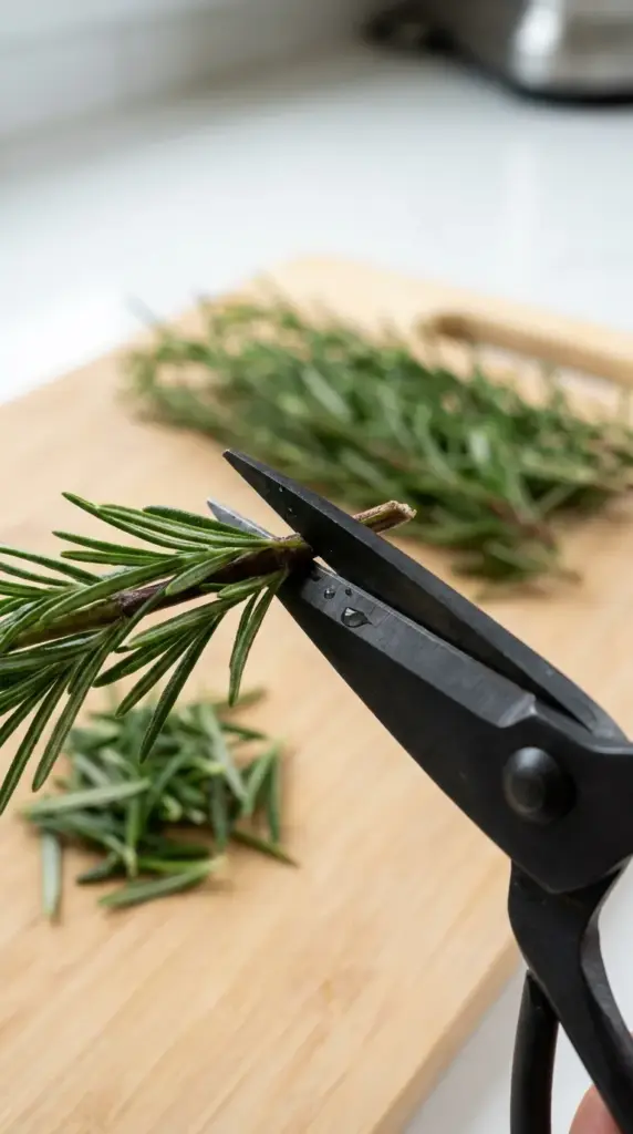 Using sharp pruning shears to perform a node-pinching trim on an indoor rosemary plant stem.