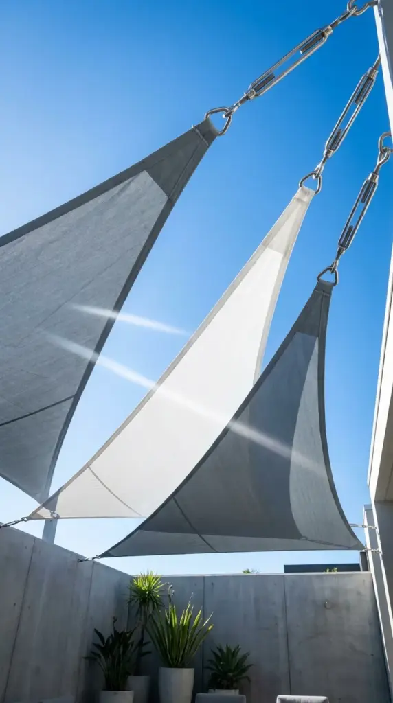 Overlapping triangular shade sails providing modern patio shade solutions over an open air backyard.