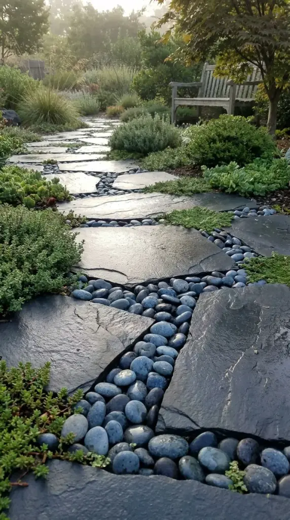 8 Brilliant Drought Tolerant Landscape Hacks That Luxury Designers Intentionally Keep Secret… 3 Permeable wide-joint stone pathway with beach pebbles for sustainable natural water filtration.