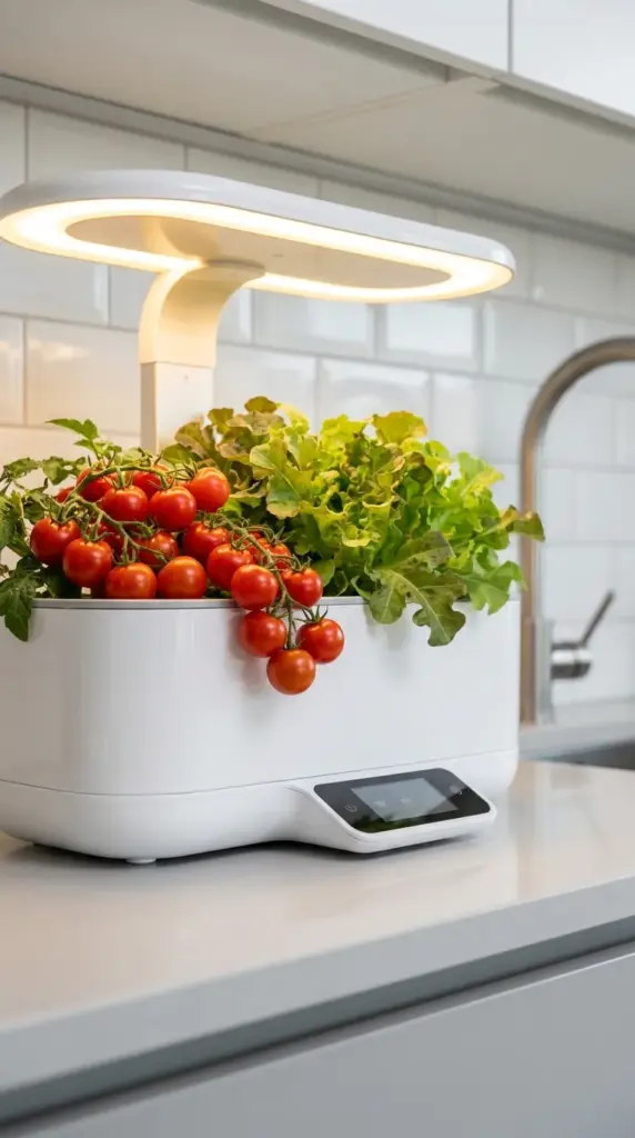 A sleek countertop hydroponic indoor smart garden successfully growing fresh cherry tomatoes and lettuce in a very small apartment kitchen.