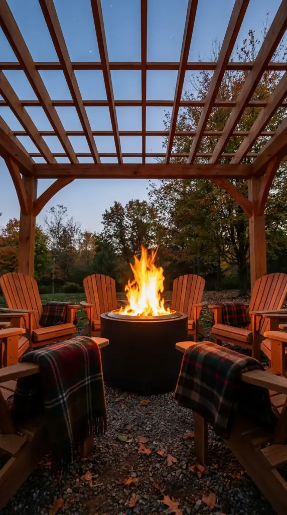 A cozy outdoor fire pit lounge area sitting safely underneath an open-roof backyard pergola.