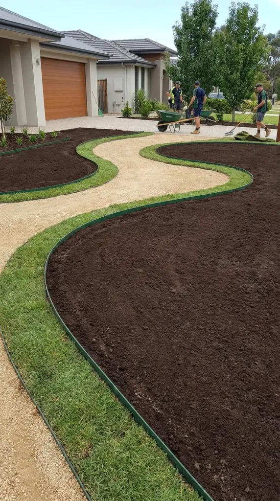 They Told Me NOT to Reveal This Before & After Cheat-Sheet for an Expensive-Looking Xeriscape Front Yard Transformation… 3 Professionally graded front yard layout with organic curving landscape beds ready for planting.
