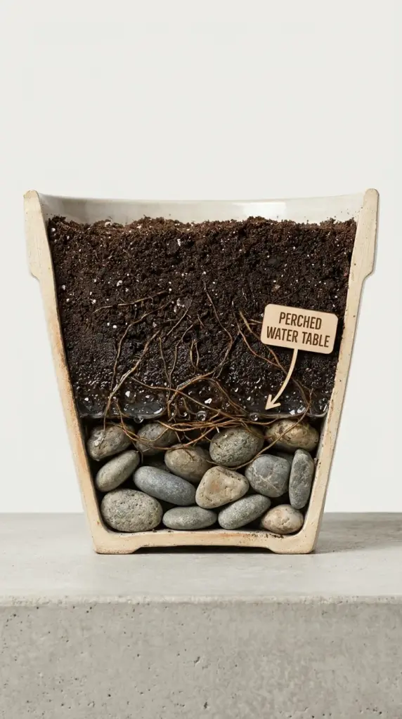 Cross-section view of a container pot showing a perched water table caused by a bottom layer of gravel.
