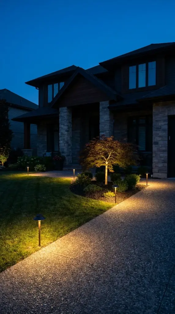 Warm solar accent lighting casting an elegant evening glow along a front yard walkway.