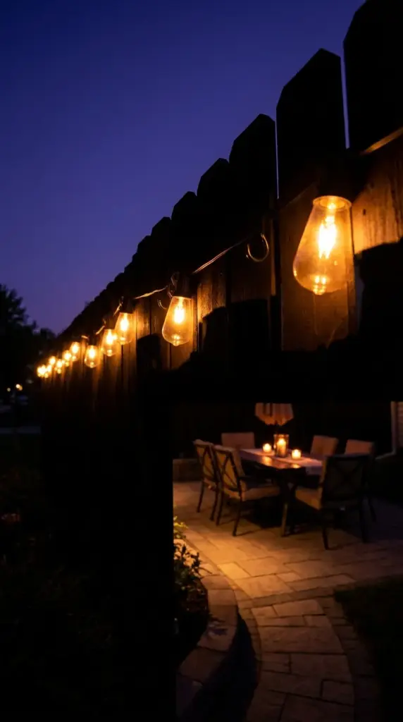 Commercial grade solar cafe string lights glowing with warm ambient light along a backyard fence line at twilight.