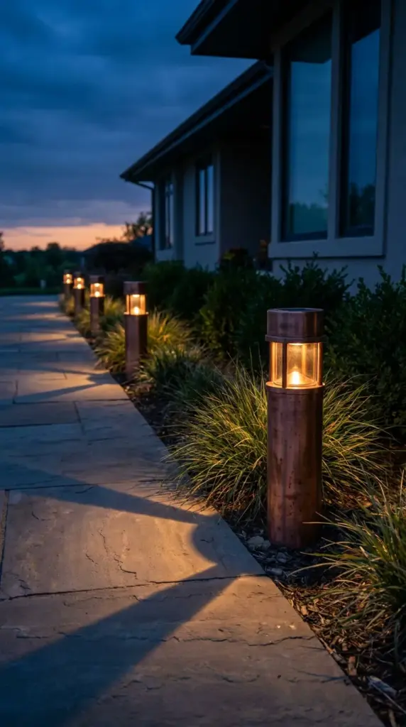 High impact DIY walkway lighting with upgraded copper solar path lights casting warm shadows at twilight.
