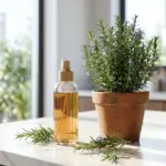 Fresh rosemary plant in a terracotta pot next to a homemade rosemary hair spray bottle on a bright kitchen counter.
