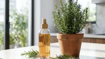 Fresh rosemary plant in a terracotta pot next to a homemade rosemary hair spray bottle on a bright kitchen counter.
