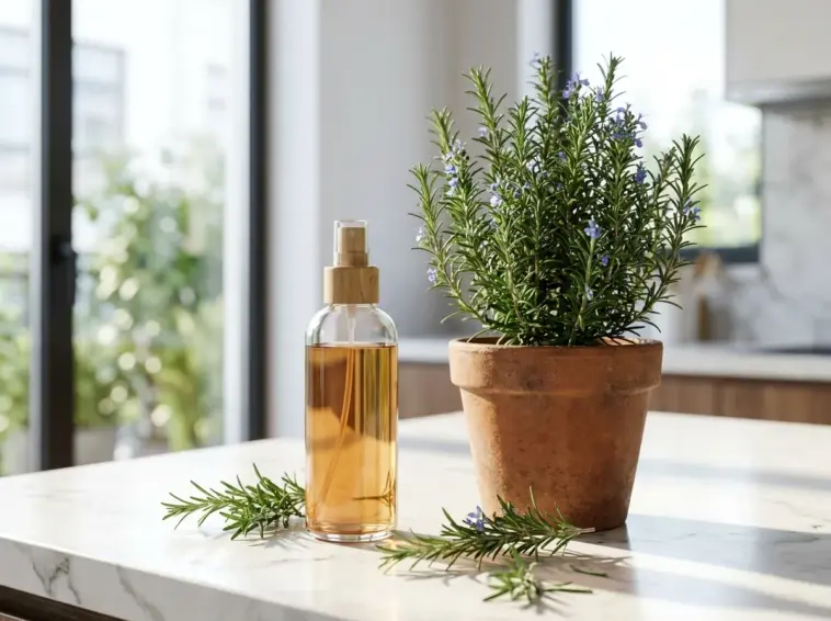 Fresh rosemary plant in a terracotta pot next to a homemade rosemary hair spray bottle on a bright kitchen counter.
