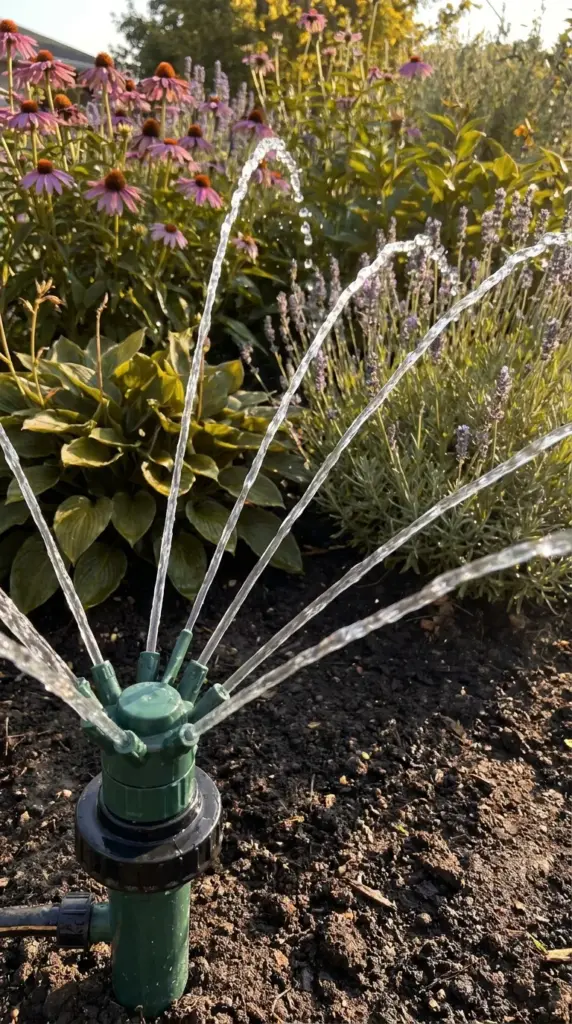 7 Tiny Changes in Your Drought Tolerant Landscape That Slash Your Water Bill by 80% 3 High efficiency rotator sprinkler nozzles spraying water cleanly without wind drift or evaporation.