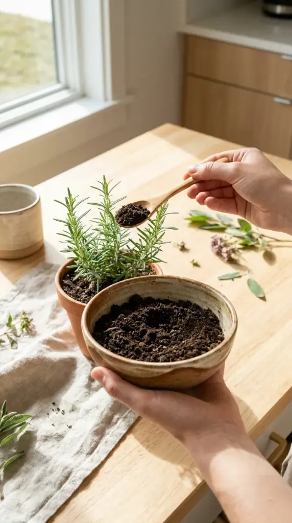 Applying organic earthworm castings as a minimalist fertilizer to an indoor rosemary plant.