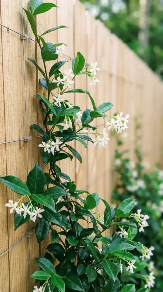 Star Jasmine climbing a damage-free wire trellis on a wooden privacy fence for vertical gardening.