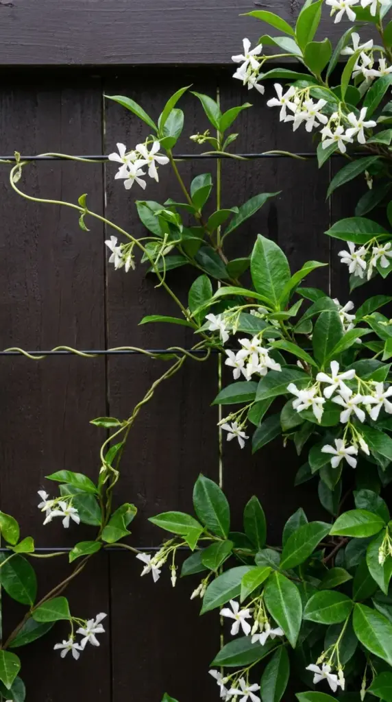 Star Jasmine climbing vines trained on a wire trellis system attached to a wooden fence panel.