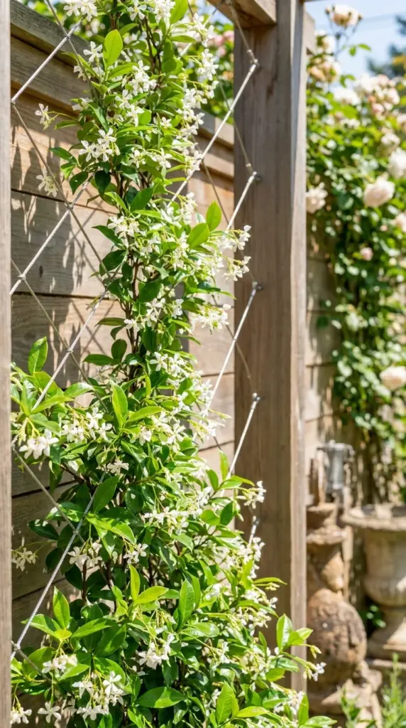 Star jasmine climbing an invisible wire tension trellis on a wooden privacy fence.