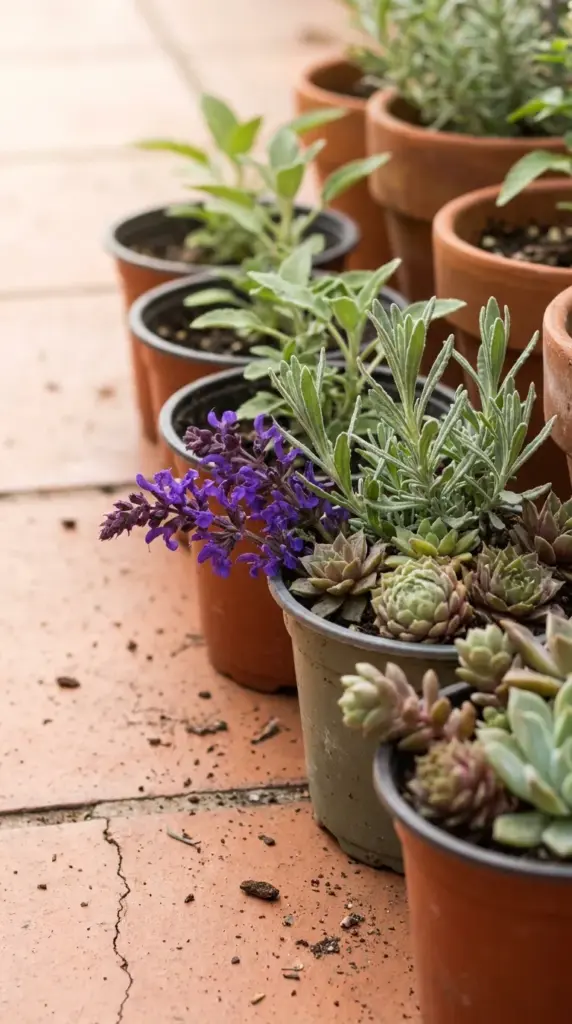 Small four-inch starter pots of lavender, salvia, and succulents ready for a budget-friendly drought resistant garden.