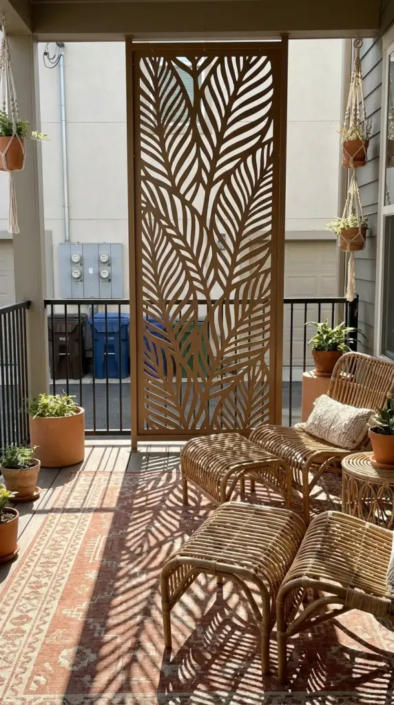 Freestanding laser-cut metal decorative trellis panel acting as visual privacy and outdoor art for a patio layout.