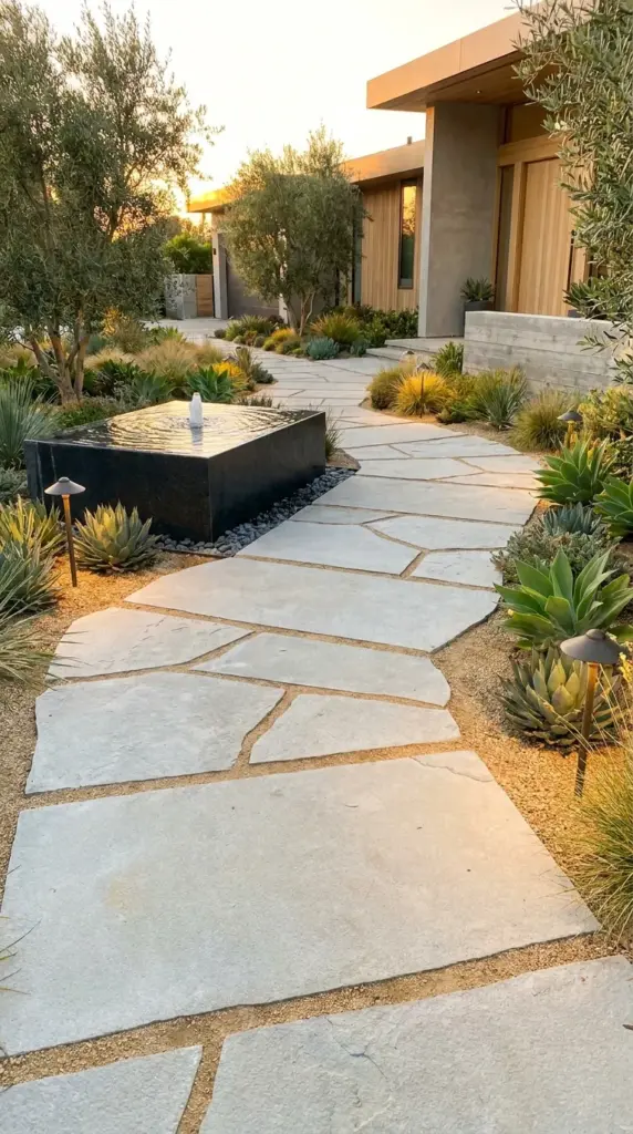 Elegant stone walkway design with oversized flagstone paths and a minimalist water feature.