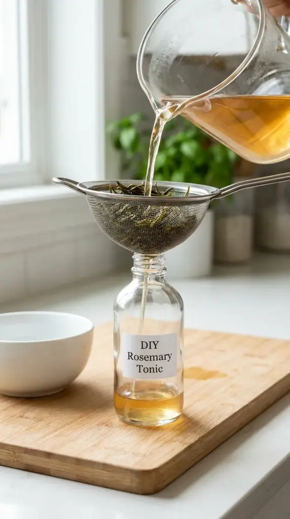Straining homemade amber-colored rosemary water into a glass spray bottle for a daily hair rinse routine.