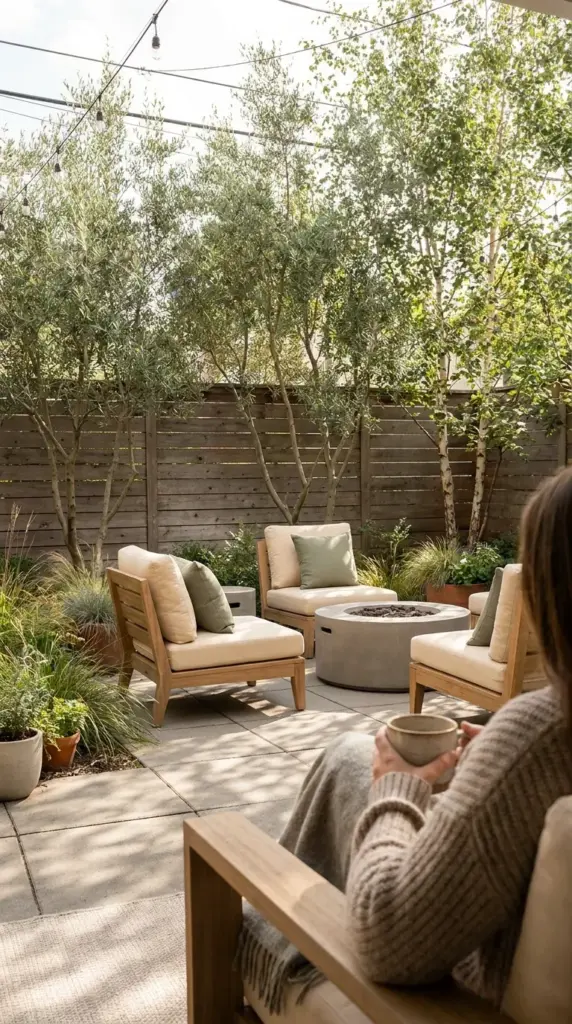 Modern patio seating area featuring staggered trees to break up the flat visual line of a wooden privacy fence.