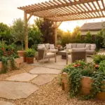A beautiful backyard patio without concrete featuring pea gravel, natural flagstone, and lush raised garden beds.