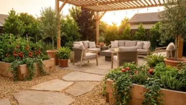 A beautiful backyard patio without concrete featuring pea gravel, natural flagstone, and lush raised garden beds.