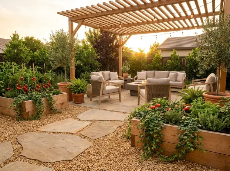 A beautiful backyard patio without concrete featuring pea gravel, natural flagstone, and lush raised garden beds.