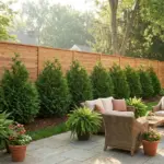A lush backyard sanctuary featuring a beautiful cedar privacy fence and emerald green arborvitae privacy trees.