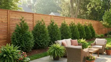 A lush backyard sanctuary featuring a beautiful cedar privacy fence and emerald green arborvitae privacy trees.