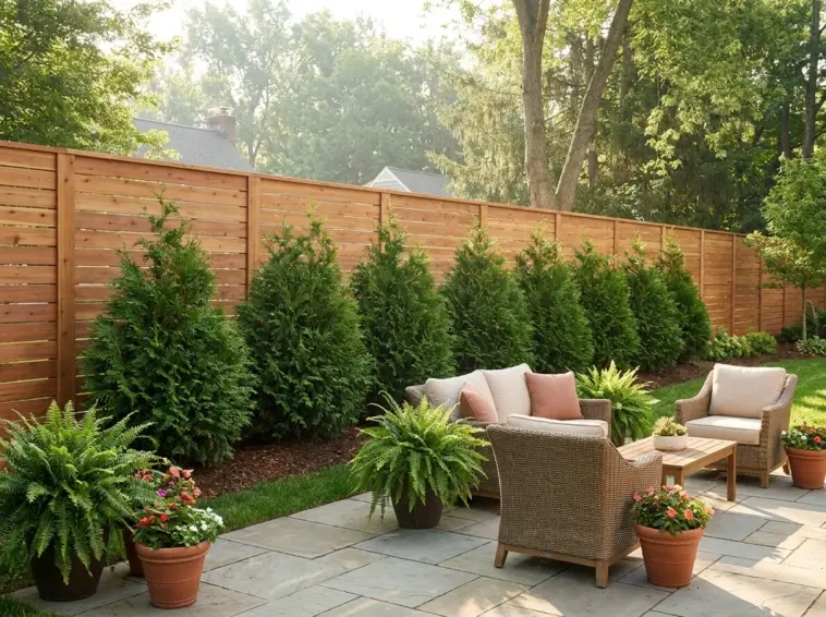 A lush backyard sanctuary featuring a beautiful cedar privacy fence and emerald green arborvitae privacy trees.