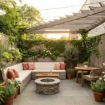 Small backyard garden ideas featuring a well-designed patio setup and lush landscaping to make the space feel surprisingly bigger.