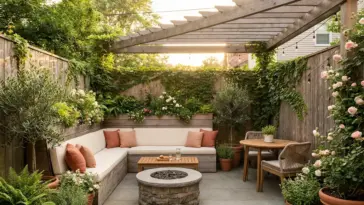 Small backyard garden ideas featuring a well-designed patio setup and lush landscaping to make the space feel surprisingly bigger.