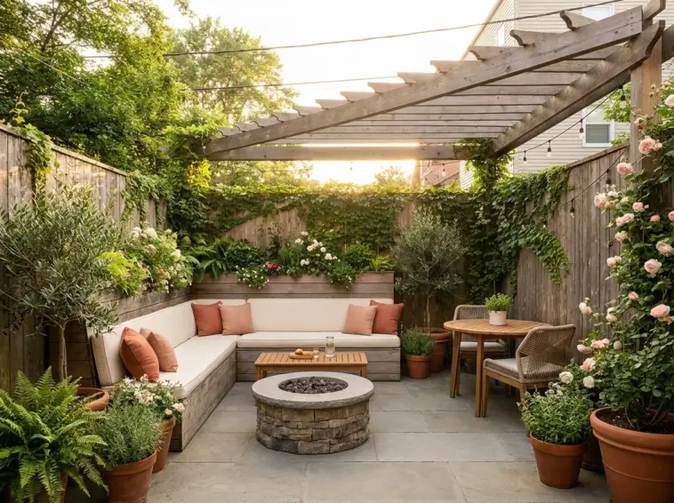 Small backyard garden ideas featuring a well-designed patio setup and lush landscaping to make the space feel surprisingly bigger.
