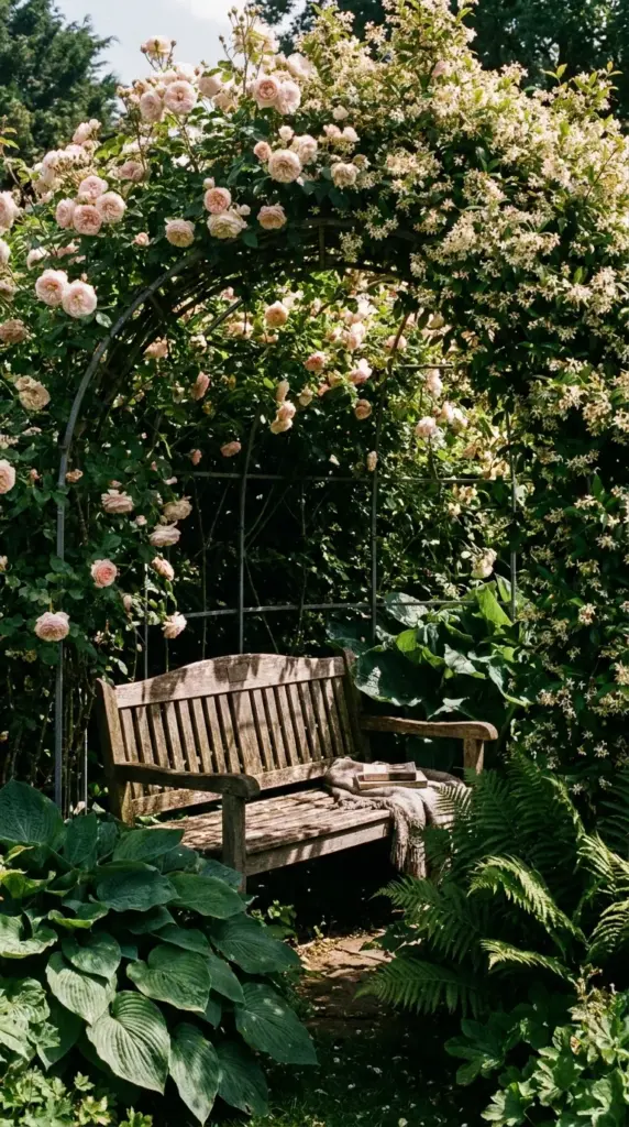 Secret garden reading nook featuring a weathered teak bench beneath a metal arbor covered in climbing roses.
