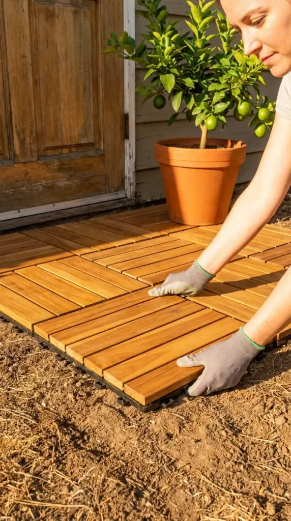 Snap-together wood decking tiles creating an instant renter-friendly patio makeover over an old yard.