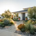 A beautiful modern home featuring a DIY drought tolerant landscape with high curb appeal.