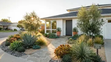 A beautiful modern home featuring a DIY drought tolerant landscape with high curb appeal.