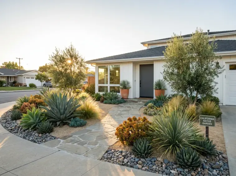 A beautiful modern home featuring a DIY drought tolerant landscape with high curb appeal.