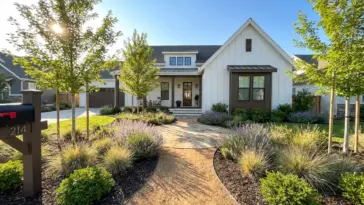 Elegant front yard landscaping design on a budget featuring a clean walkway and lush garden beds.