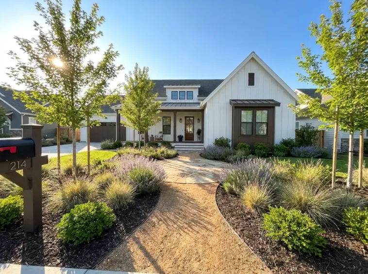 Elegant front yard landscaping design on a budget featuring a clean walkway and lush garden beds.