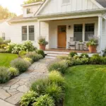 Beautiful front yard landscaping ideas with high-end cheap curb appeal design for a modern cottage style home.