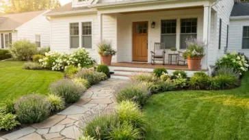 Beautiful front yard landscaping ideas with high-end cheap curb appeal design for a modern cottage style home.