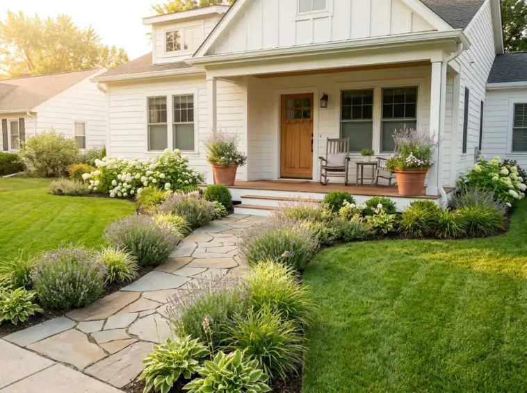 Beautiful front yard landscaping ideas with high-end cheap curb appeal design for a modern cottage style home.
