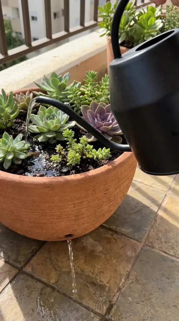 Implementing the soak and dry method by watering succulents until water drains completely out of the bottom hole.